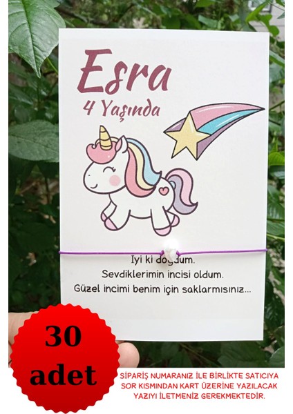 30 Adet Unicorn Kartlı Mor Bileklik - Doğum Günü Hediyesi - Bebek Hediyesi - Yenidoğan Hediye