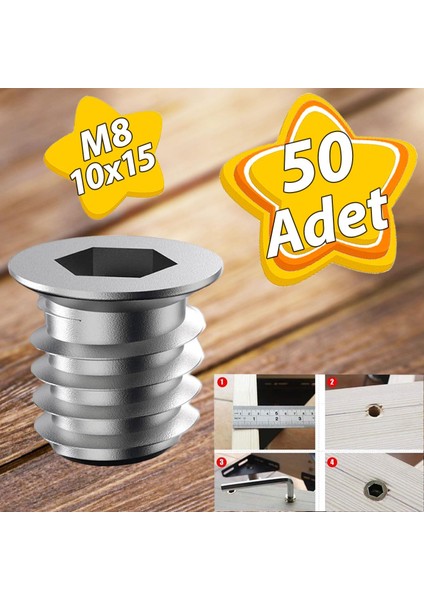 Metal Düz Dişli Dübel Ahşap Dübeli M8 10X15 Diş Çinko Mobilya Bağlantı Ünite Birleştirme (50 Adet)