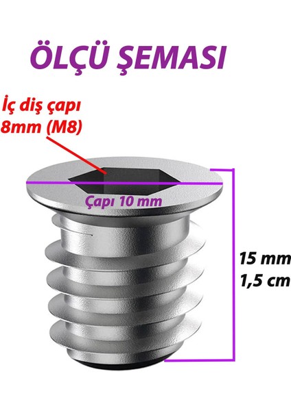 Metal Düz Dişli Dübel Ahşap Dübeli M8 10X15 Diş Çinko Mobilya Bağlantı Ünite Birleştirme (50 Adet)