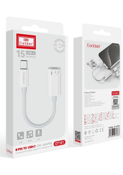 Earldom OT101 Iphone 15 Serisi ile Uyumlu Type-C To Lightning Dönüştürücü - Beyaz 109008