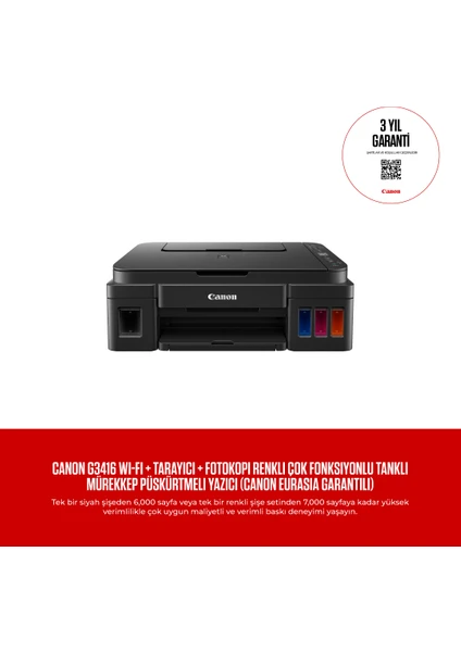 G3416 Wi-Fi + Tarayıcı + Fotokopi Renkli Çok Fonksiyonlu Tanklı Mürekkep Püskürtmeli Yazıcı (Canon Eurasia Garantili)