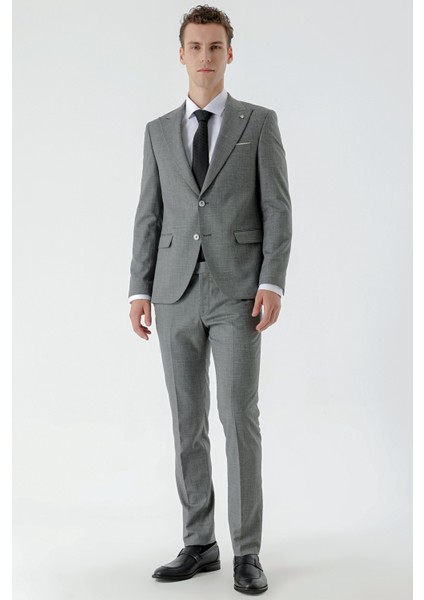 Erkek Siyah Patara Desenli Slim Fit Takım Elbise