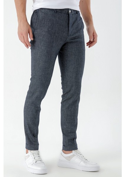Erkek Lacivert Poliviskon-Keten Desenli Yandan Lastikli Slim Fit Pantolon modelleri