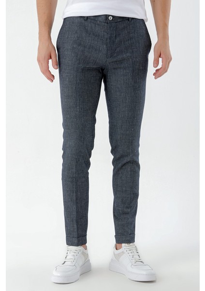 Erkek Lacivert Poliviskon-Keten Desenli Yandan Lastikli Slim Fit Pantolon indirimleri