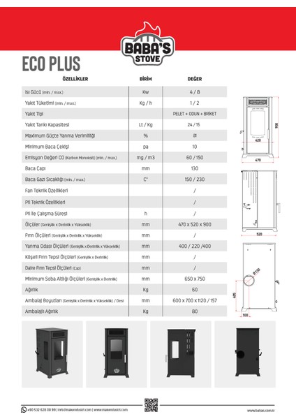 BABA'S STOVE / Eco Plus 8 Kw / Manuel Pelet ve Odun Sobası