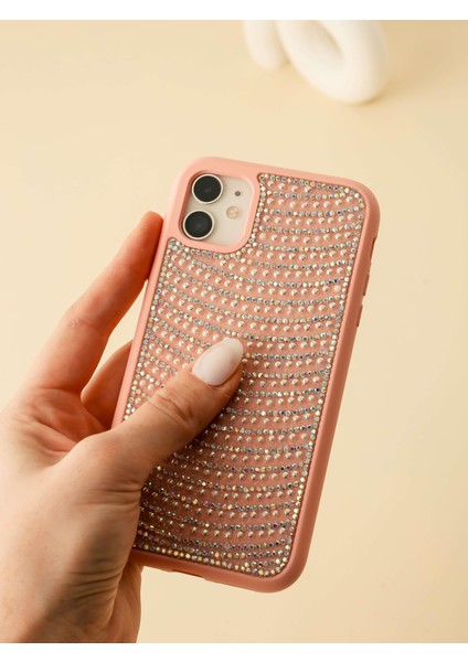 Paladyum Case iPhone 11 Uyumlu Pembe Pırlanta Taşlı Kılıf