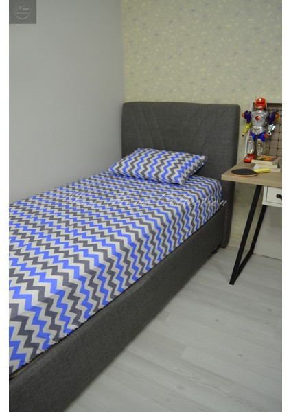 Nasır Home Mavi, Gri ve Beyaz Zikzak Tek Kişilik Lastikli Çarşaf (100X200X25) 1 Adet Yastık Kılıfı