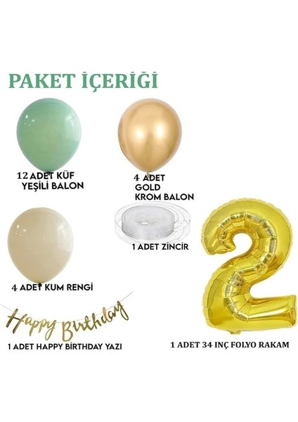 Parti Uzmanı 2 Yaş Küf Yeşili Deniz Kumu ve Krom Gold Balonlu Konsept Doğum Günü Seti