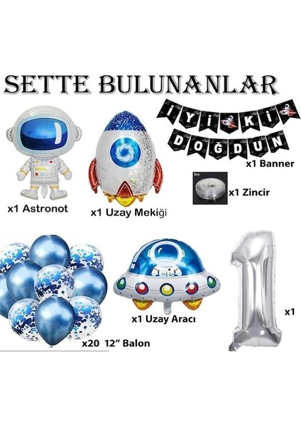 Uzay Konsepti 1 Yaş Doğum Günü Parti Kutlama Seti Astronot, Ufo ve Uzay Gemisi Folyo Balon Set