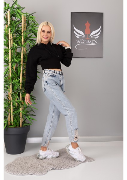 Crop Model Beli Korsajlı Kadın Sweatshirt