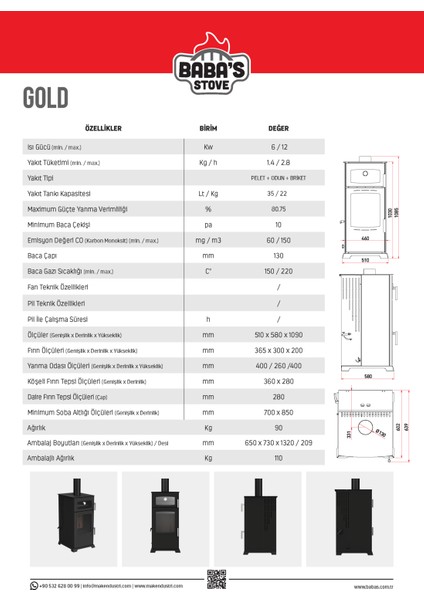 / Gold 12 Kw Kuzine / Manuel Pelet ve Odun Sobası