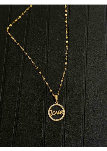 Zirkon Taşlı Çelik Love Yazılı Kolye Gold