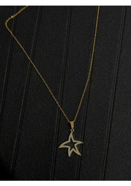 Zirkon Taşlı Çelik Deniz Yıldızı Kolye Gold