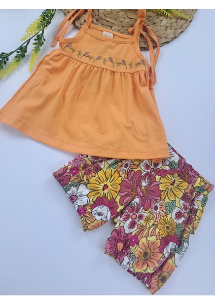Kız Çocuk Askılı Tişort Bürümcük Şort Ikili Takım Çiçek Nakışlı Turuncu Pembe Renk Seçenekleri