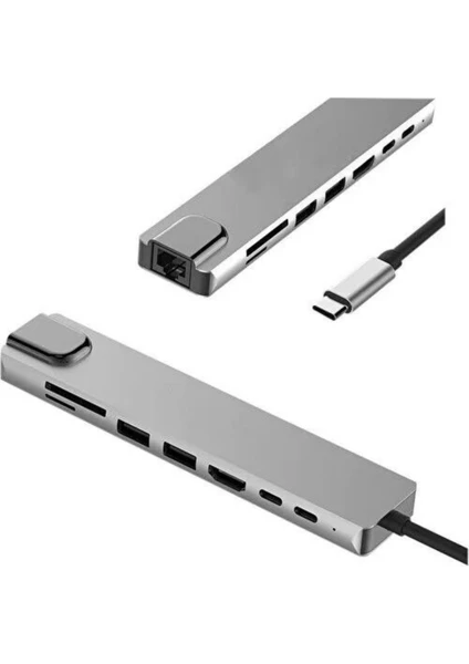 Obrax Macbook Uyumlu Type-C™ To 4K HDMI Tv Projeksiyon Ultra Hd 1080P 2* Type-C 2* USB 3.0 Ethernet Lan 2* Sd 8ın1 Çevirici Hub Adaptör