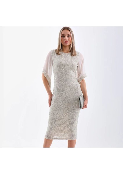 Krem Truvakar Kollu Pul Payetleri Gümüş Abiye Elbise