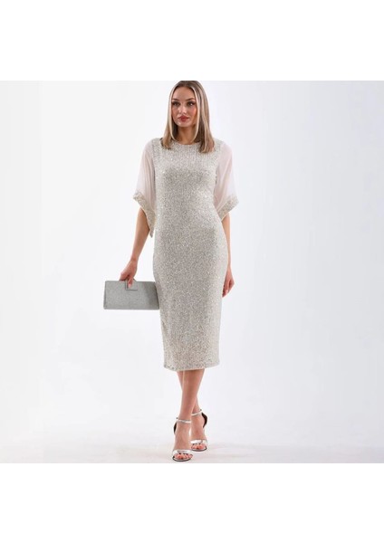 Krem Truvakar Kollu Pul Payetleri Gümüş Abiye Elbise fiyatları