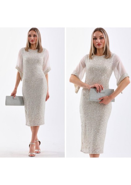 Krem Truvakar Kollu Pul Payetleri Gümüş Abiye Elbise indirimleri