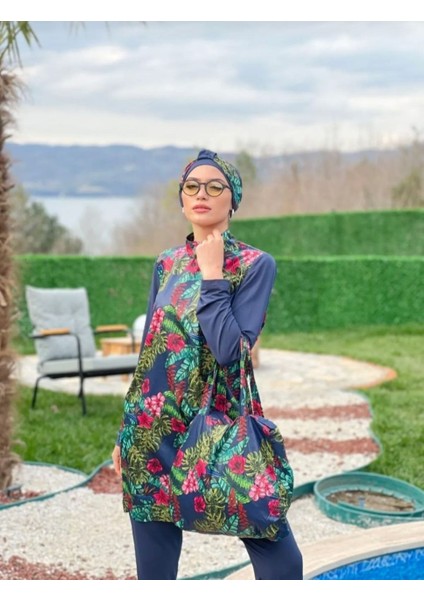 Fashion fashion Çiçek Desenli Tam Kapalı Tesettür Mayo Çantalı Tk