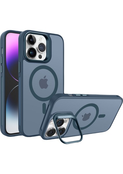 Apple iPhone 15 Pro Max Metal Bracket Lacivert Magsafe Mat Plastik Kılıf