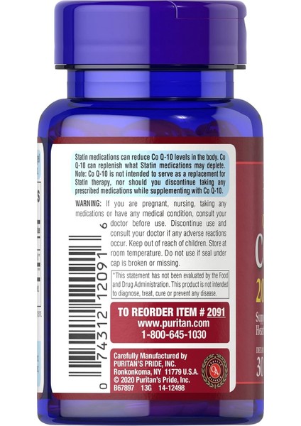 Puritan’s Pride Co Q-10 200 Mg 30 Softgels