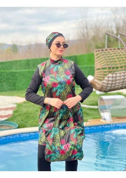 Fashion fashion Çiçek Desenli Tam Kapalı Tesettür Mayo Çantalı Tk