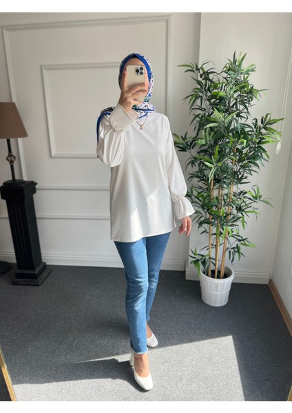 Beyaz Tesettür Krep Gömlek