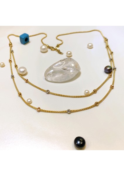 Ikili Dorika Toplu Popcorn Zincirli Kolye 14 Ayar Altın