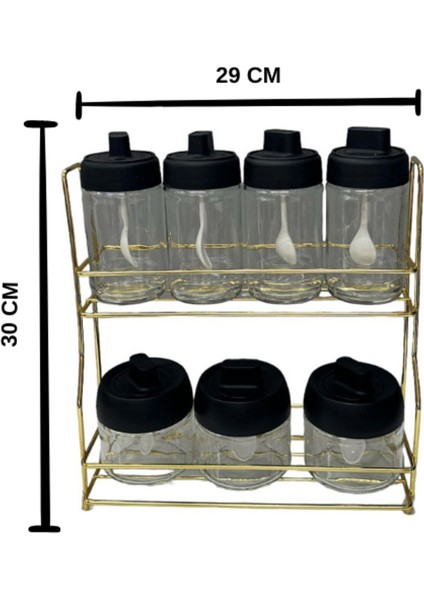 Patulya Aksesuar Metal Standlı Gold 7 Li Cam Kavanoz ve Baharatlık Seti
