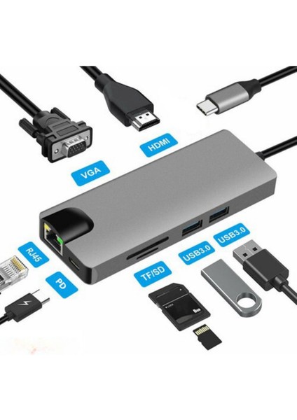 Macbook Uyumlu Type-C To 4K 1080P Hd HDMI 1000 Mbps Gigabit Ethernet RJ45 Pd Sd Kart 2* USB 3.0 VGA 8ın1 Çevirici Hub Adaptör