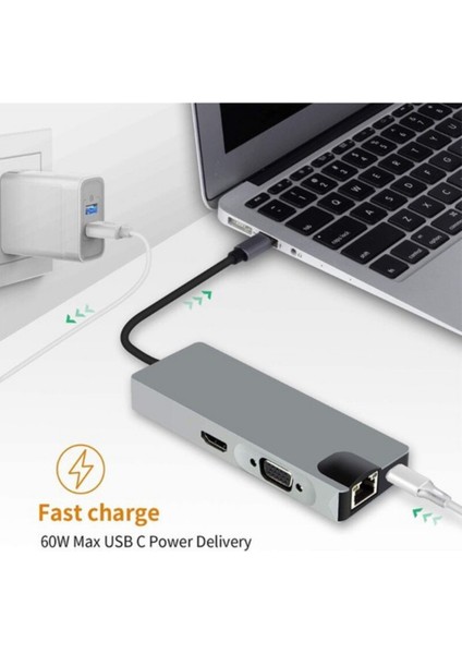 Macbook Uyumlu Type-C To 4K 1080P Hd HDMI 1000 Mbps Gigabit Ethernet RJ45 Pd Sd Kart 2* USB 3.0 VGA 8ın1 Çevirici Hub Adaptör fırsatları