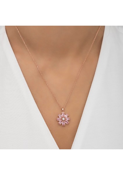 Pembe Taşlı Rose Papatya Kolye
