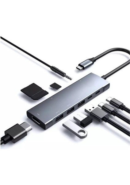 Type-C To 3* USB 3.0 4K Full Hd HDMI Pd Şarj Sd Tf Kart Okuyucu Aux Kulaklık Çevirici Adaptör