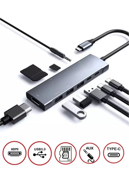 Type-C To 3* USB 3.0 4K Full Hd HDMI Pd Şarj Sd Tf Kart Okuyucu Aux Kulaklık Çevirici Adaptör fiyatları