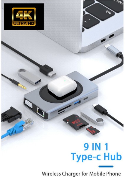 Macbook Uyumlu Type-C To USB 3.0 4K HDMI Ethernet RJ45 VGA Sd Tf Kart Pd Aux 9 Port Çevirici Hub Adaptör