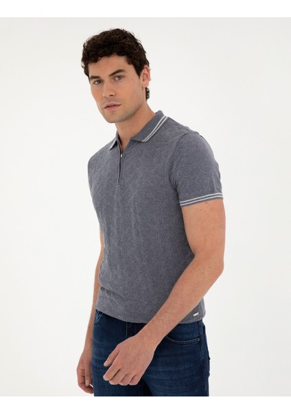 Pierre Cardin Erkek İndigo Slim Fit Fermuarlı Polo Yaka Keten Karışımlı Triko Tişört 50288151-VR028