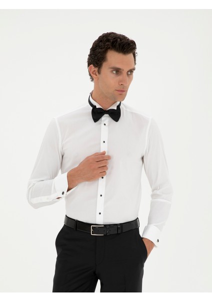 Erkek Beyaz Slim Fit Manşetli Pamuk Karışımlı Smokin Gömlek 50285569-VR013