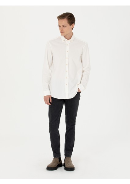 Erkek Ekru Regular Fit Uzun Kollu Kadife Gömlek 50278523-VR019