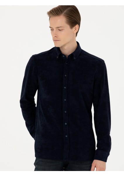Erkek Lacivert Regular Fit Uzun Kollu Kadife Gömlek 50276943-VR033