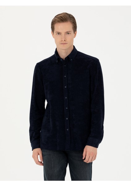 Erkek Lacivert Regular Fit Uzun Kollu Kadife Gömlek 50276943-VR033