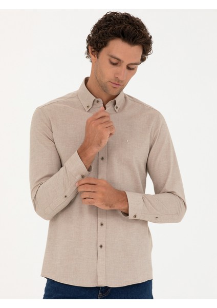 Erkek Bej Slim Fit Uzun Kollu Gömlek 50279988-VR011