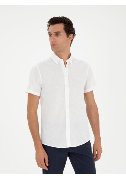 Erkek Beyaz Slim Fit Keten Karışımlı Kısakol Gömlek 50288558-VR013