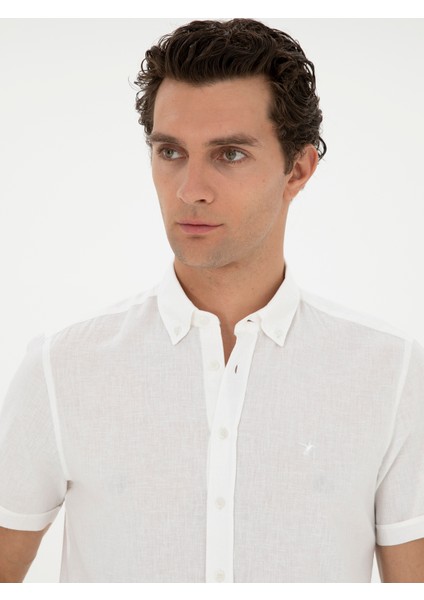 Erkek Beyaz Slim Fit Keten Karışımlı Kısakol Gömlek 50288558-VR013 fiyatları