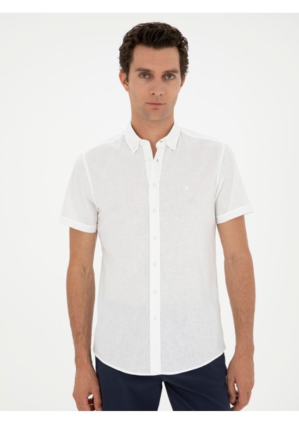 Erkek Beyaz Slim Fit Keten Karışımlı Kısakol Gömlek 50288558-VR013 modelleri