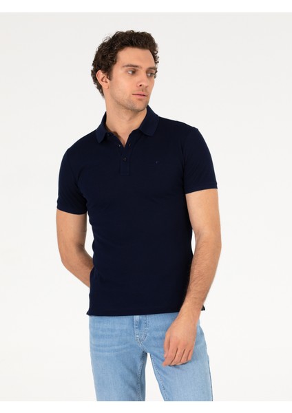 Erkek Lacivert Polo Yaka Slim Fit Basic Merserize T-shirt 50265364-VR033