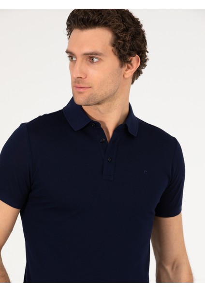 Erkek Lacivert Polo Yaka Slim Fit Basic Merserize T-shirt 50265364-VR033