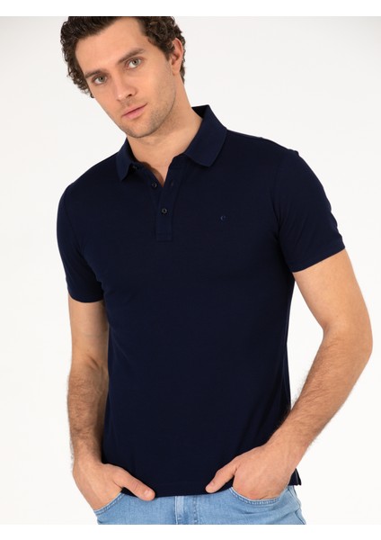 Erkek Lacivert Polo Yaka Slim Fit Basic Merserize T-shirt 50265364-VR033