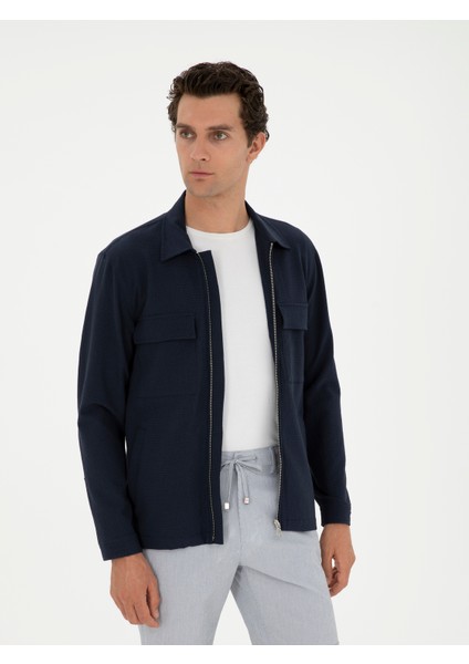 Erkek Lacivert Slim Fit Fermuarlı Ceket Gömlek 50285629-VR033