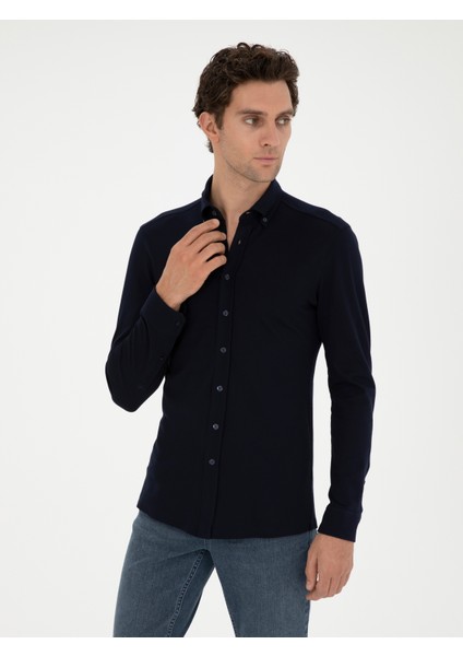 Erkek Lacivert Slim Fit Pamuk Karışımlı Gömlek 50287865-VR033