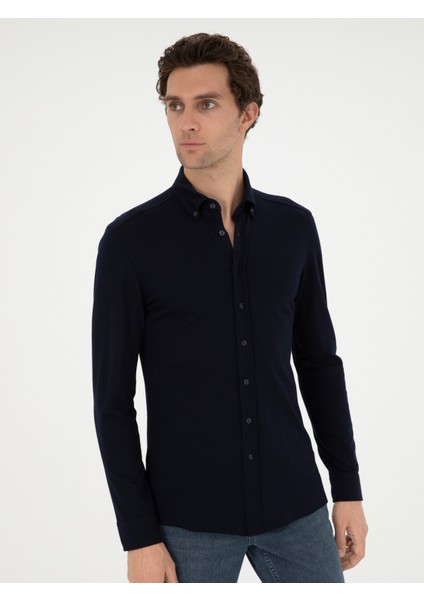 Erkek Lacivert Slim Fit Pamuk Karışımlı Gömlek 50287865-VR033 modelleri